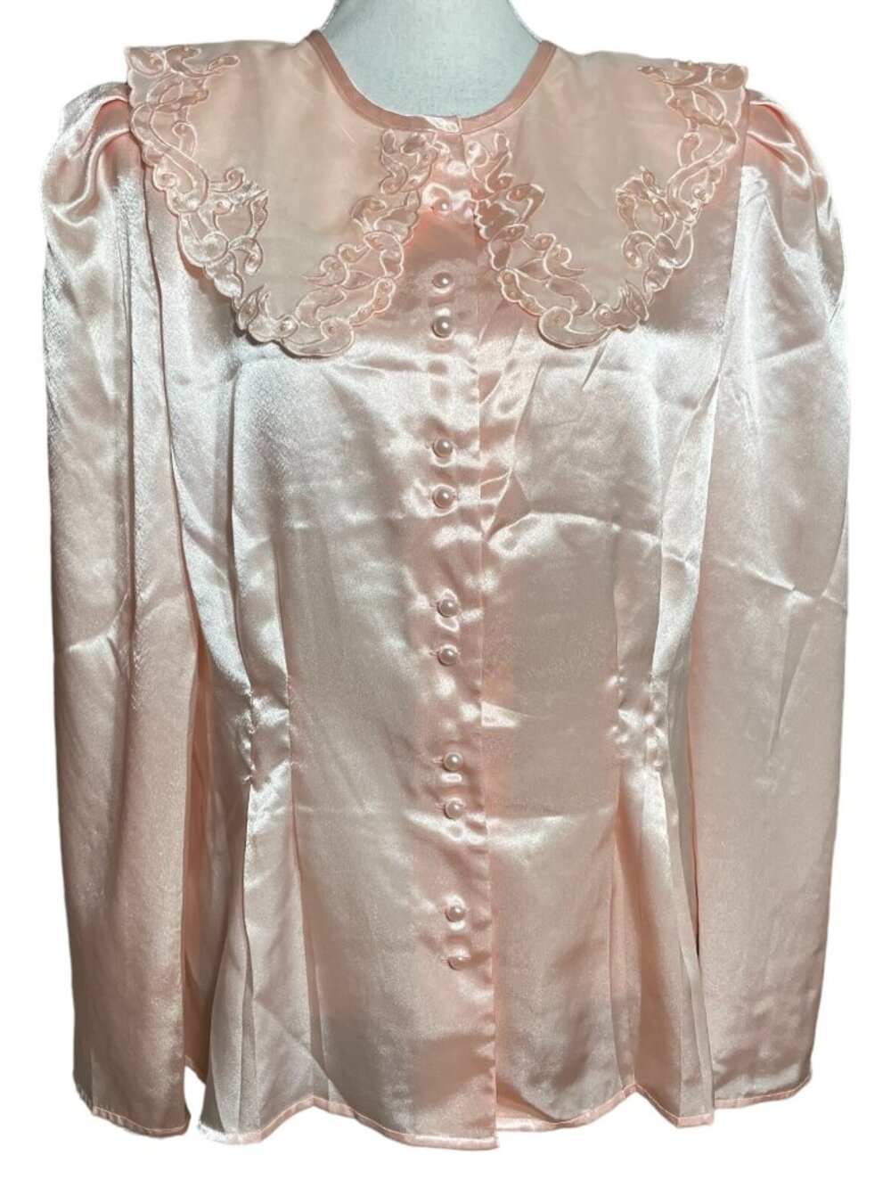 Victorian Satin Blouse 14 Embroidered Floral Scalloped Doll Collar Button-up Top